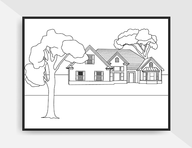 Premium vector vintage illustration line art hand drawn of house landscape for coloring page