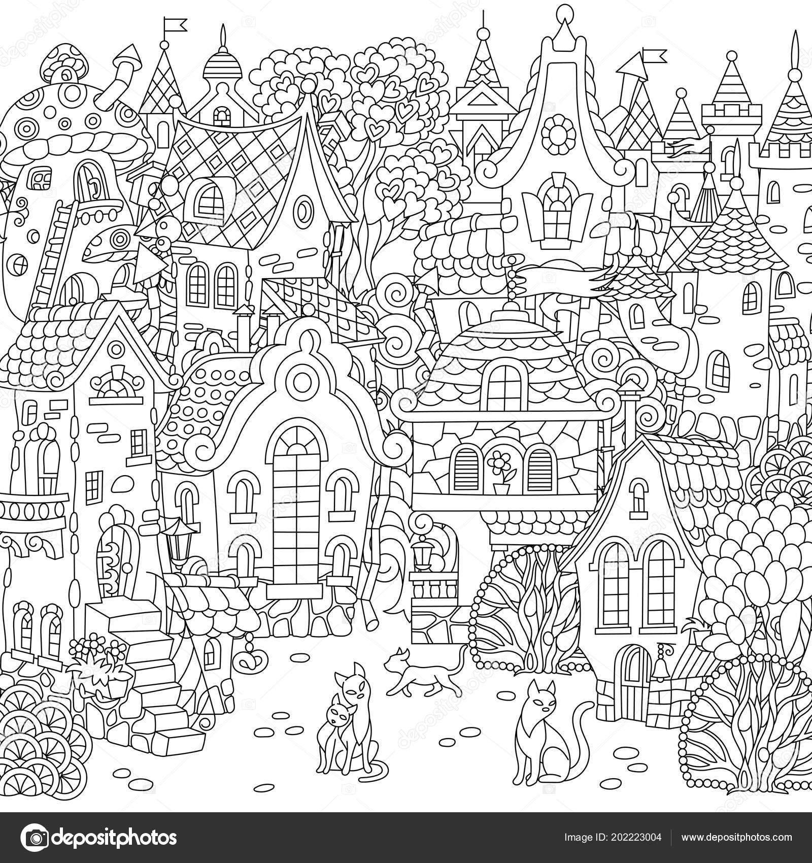 Fairy tale town city landscape fantasy cityscape vintage houses cats stock vector by sybirko