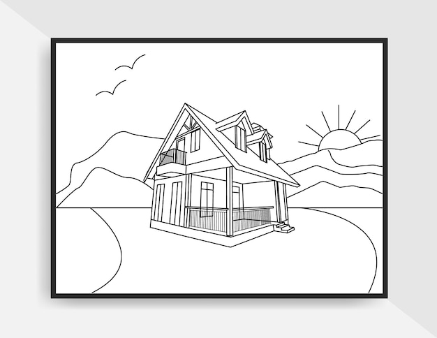 Premium vector vintage beautiful illustration line art hand drawn of house landscape for coloring page