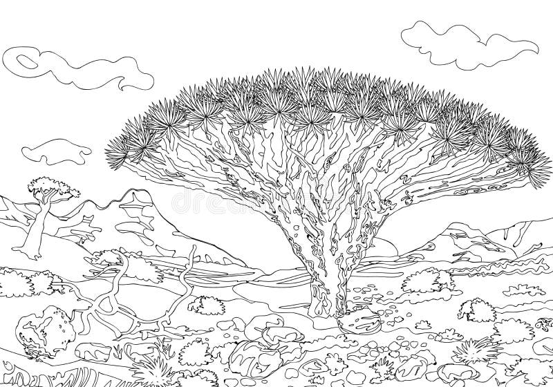 Hand drawing ornamental landscape trees and stones stock illustration