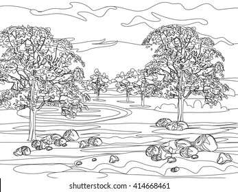 Hand draw decorative landscape trees stones stock