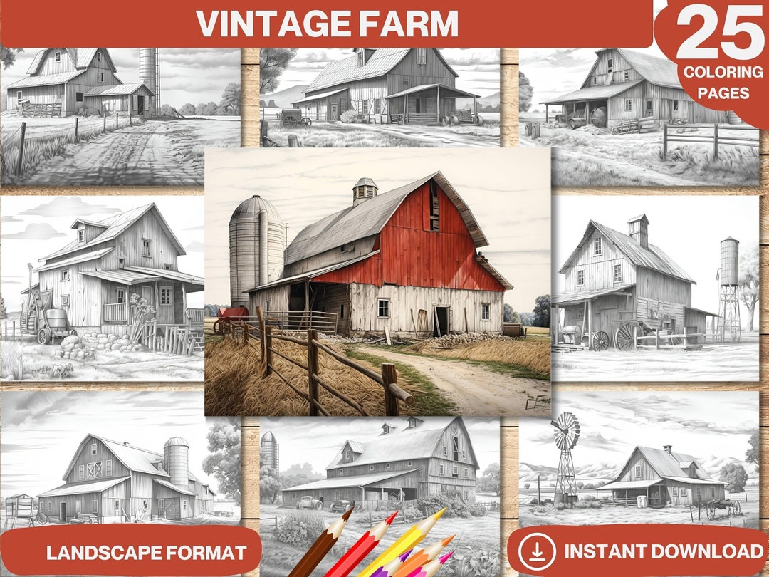 Vintage farm days era historic architecture coloring book for adults and kids fantasy castle village coloring pages instant download