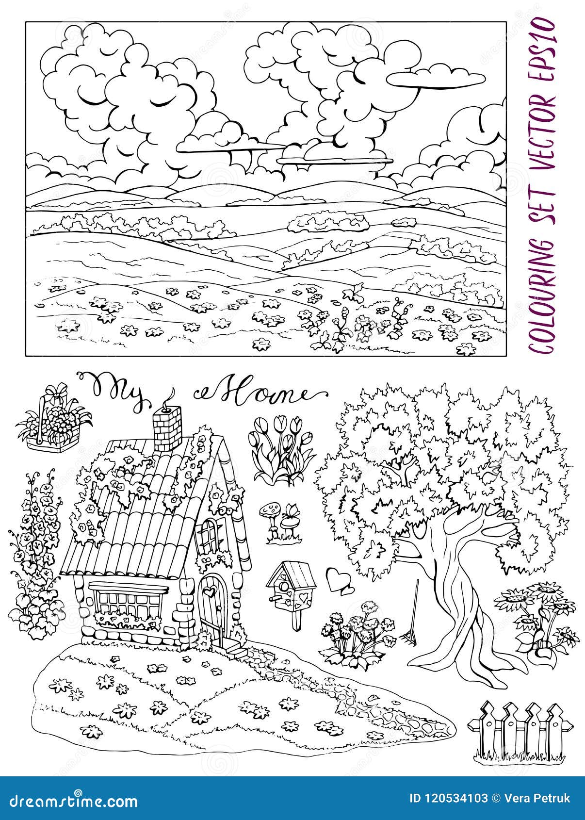 Coloring page with small country cottage tree flowers landscape and bird house stock vector