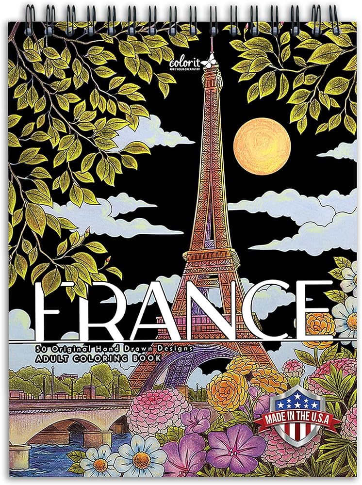 Colorit france adult coloring book picture perfect coloring pages of french landscapes and famous landmarks printed on thick paper with spiral binding hardback covers and ink blotter paper office