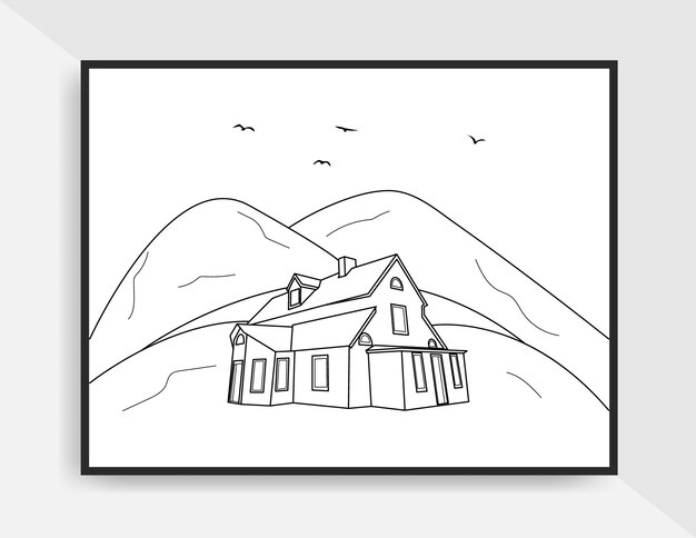 Premium vector vintage beautiful illustration line art of house landscape for coloring page
