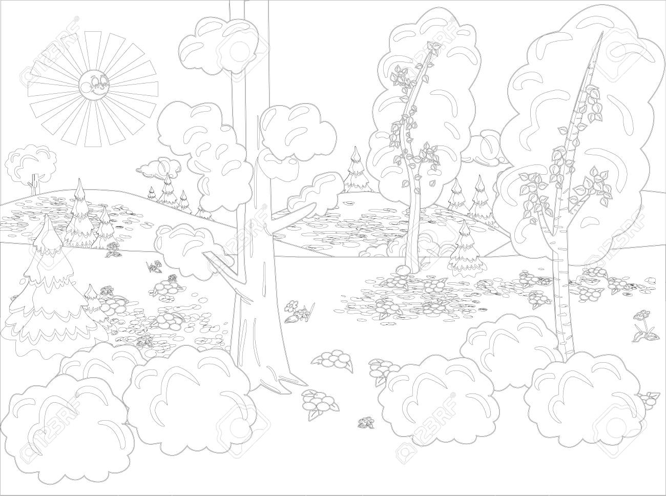 Hand draw decorative landscape trees illustration with decorative lines vintage stylized landscape painting for color black and white coloring pages for adults vector illustration royalty free svg cliparts vectors and stock illustration
