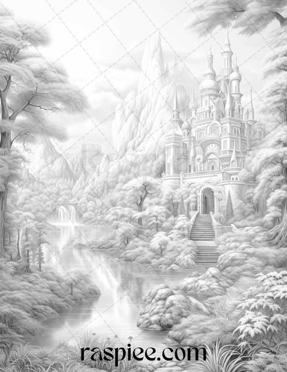 Fantasy landscapes grayscale coloring pages printable for adults p â coloring
