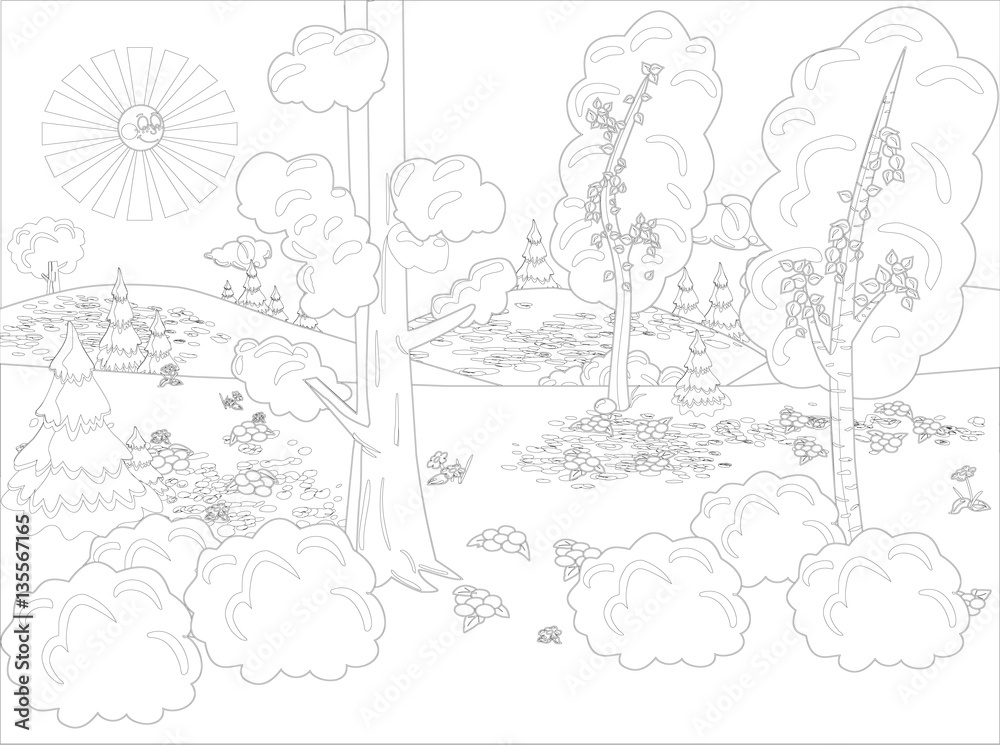 Hand draw decorative landscape trees illustration with decorative lines vintage stylized landscape painting for color black and white coloring pages for adults vector illustration vector
