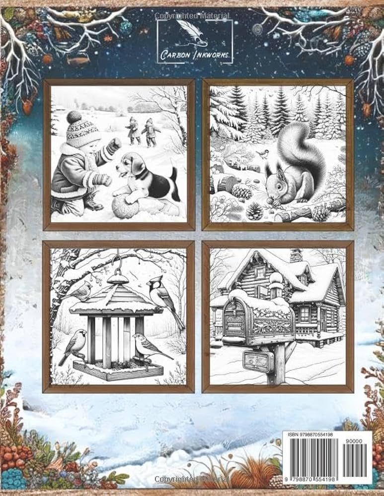 Rustic winter charm adult coloring book with tranquil snowy landscapes playful animal friends cozy cabins vintage trucks and much more rockwell aspen books