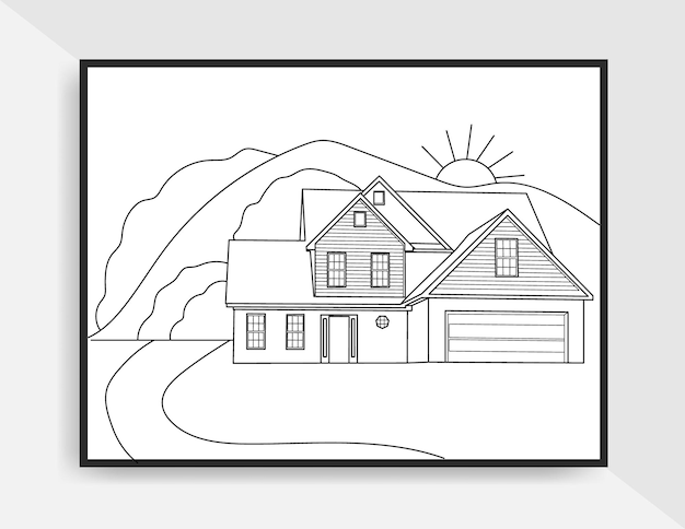 Premium vector vintage illustration or poster line art of house landscape for coloring page