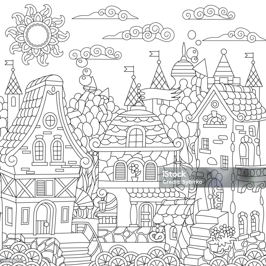 Coloring page of fairy tale town stock illustration