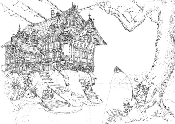 Printable coloring page steampunk landscape a size detailed hand
