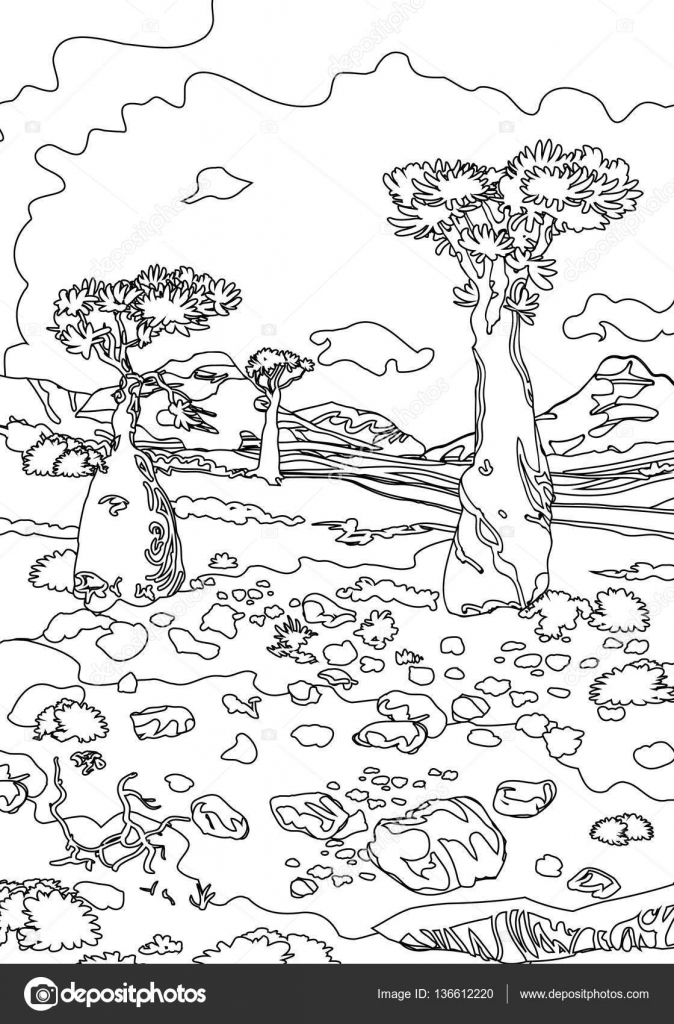 Hand drawing ornamental landscape trees and stones stock vector by anaittsmigmail