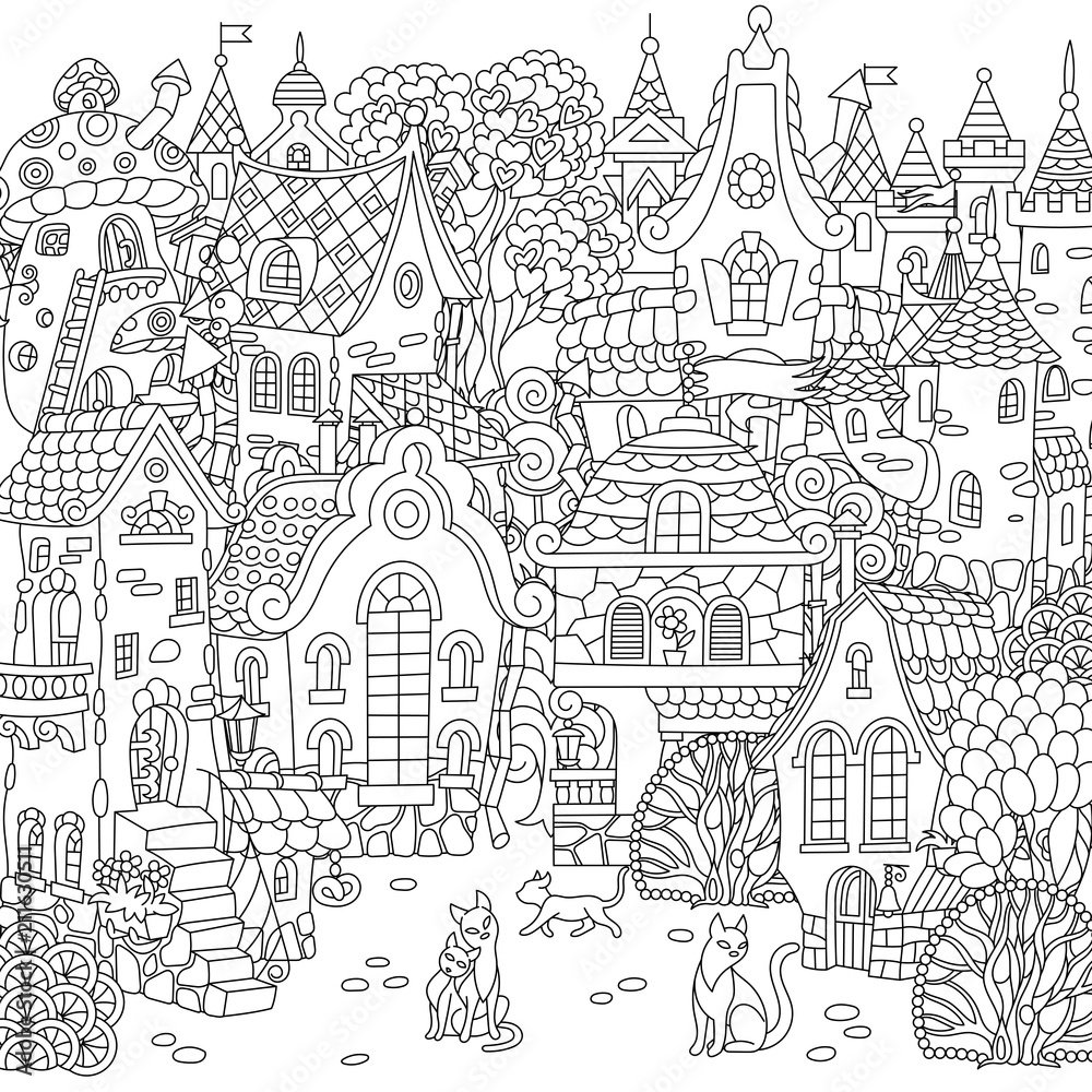 Fairy tale town city landscape fantasy cityscape with vintage houses and cats coloring page colouring picture coloring book freehand sketch drawing vector illustration vector