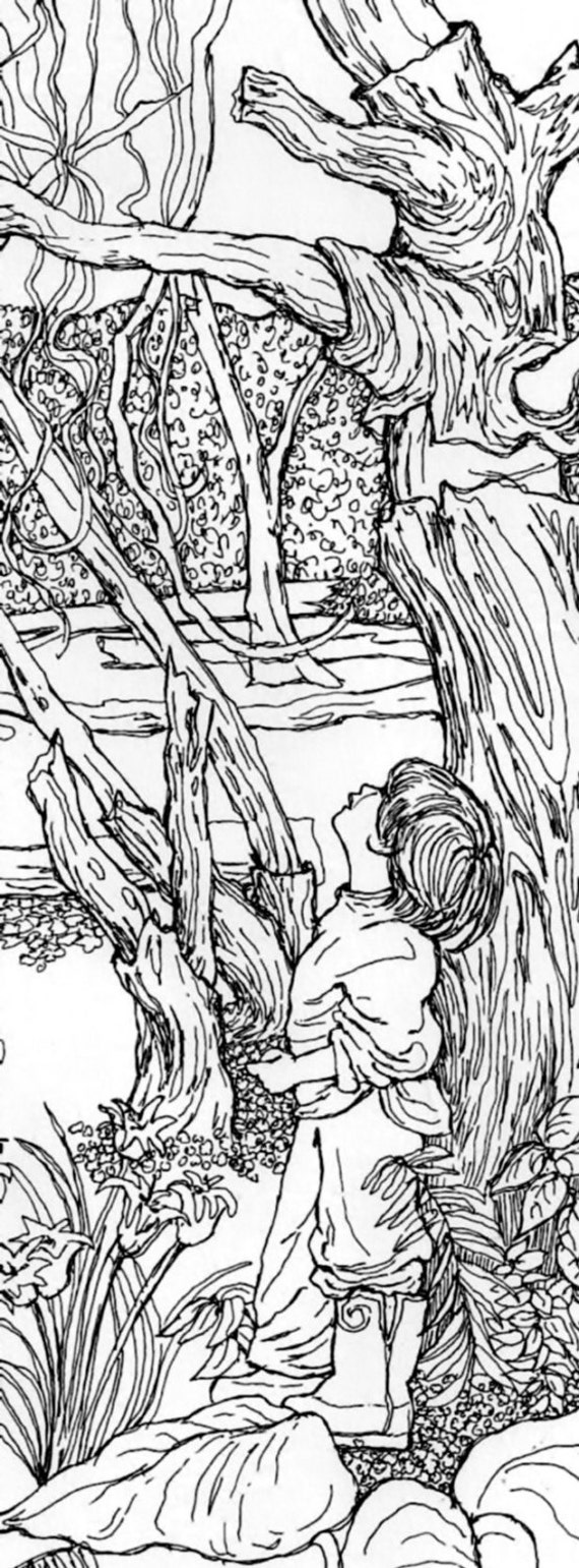 Coloring page pen and ink drawing to print diy and color nostalgic vintage childhood children playing outdoors nature landscape trees