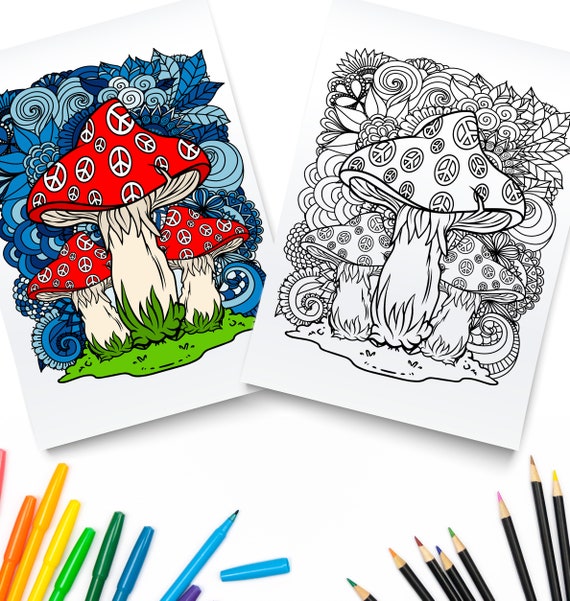 Magic mushroom printable coloring pages digital download trippy coloring book