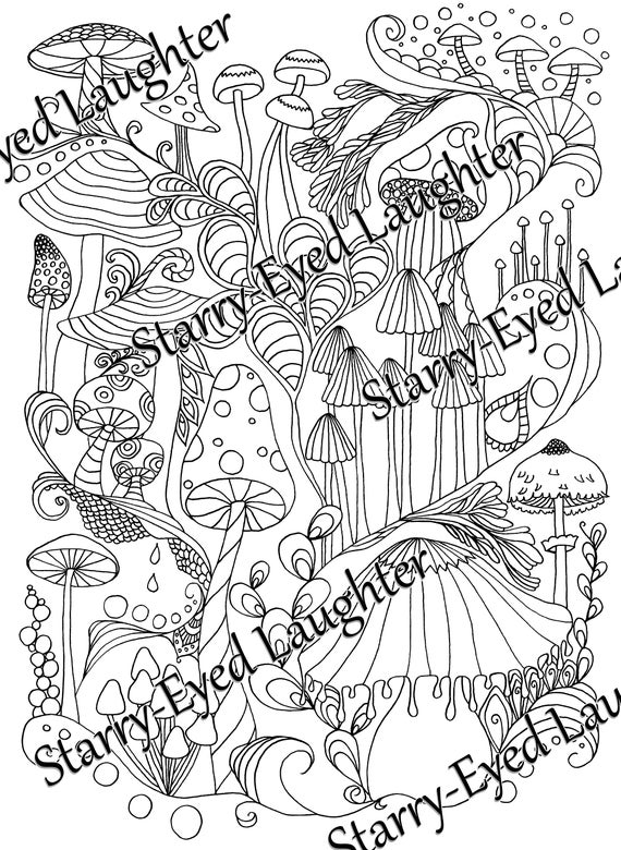 Mushroom coloring page s s hippie psychedelic trippy groovy adult woodland enchanted forest printable coloring page pdf