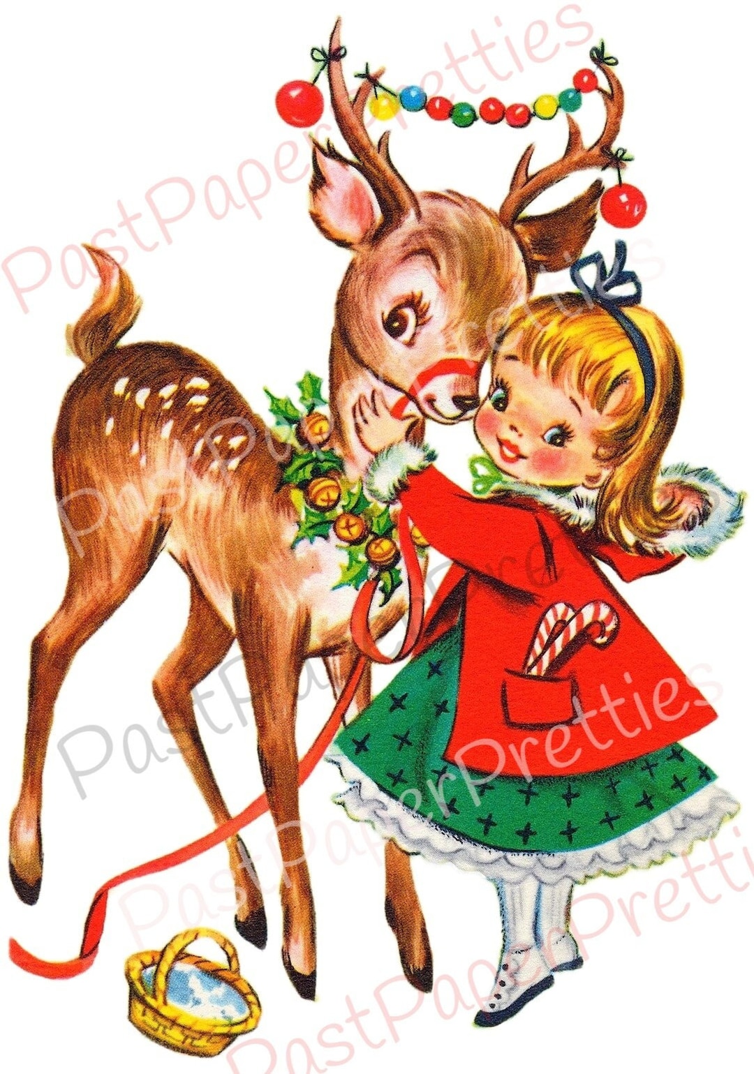 Vintage printable cute christmas girl and reindeer card image retro s pdf instant digital download kitsch holiday clipart jpeg png
