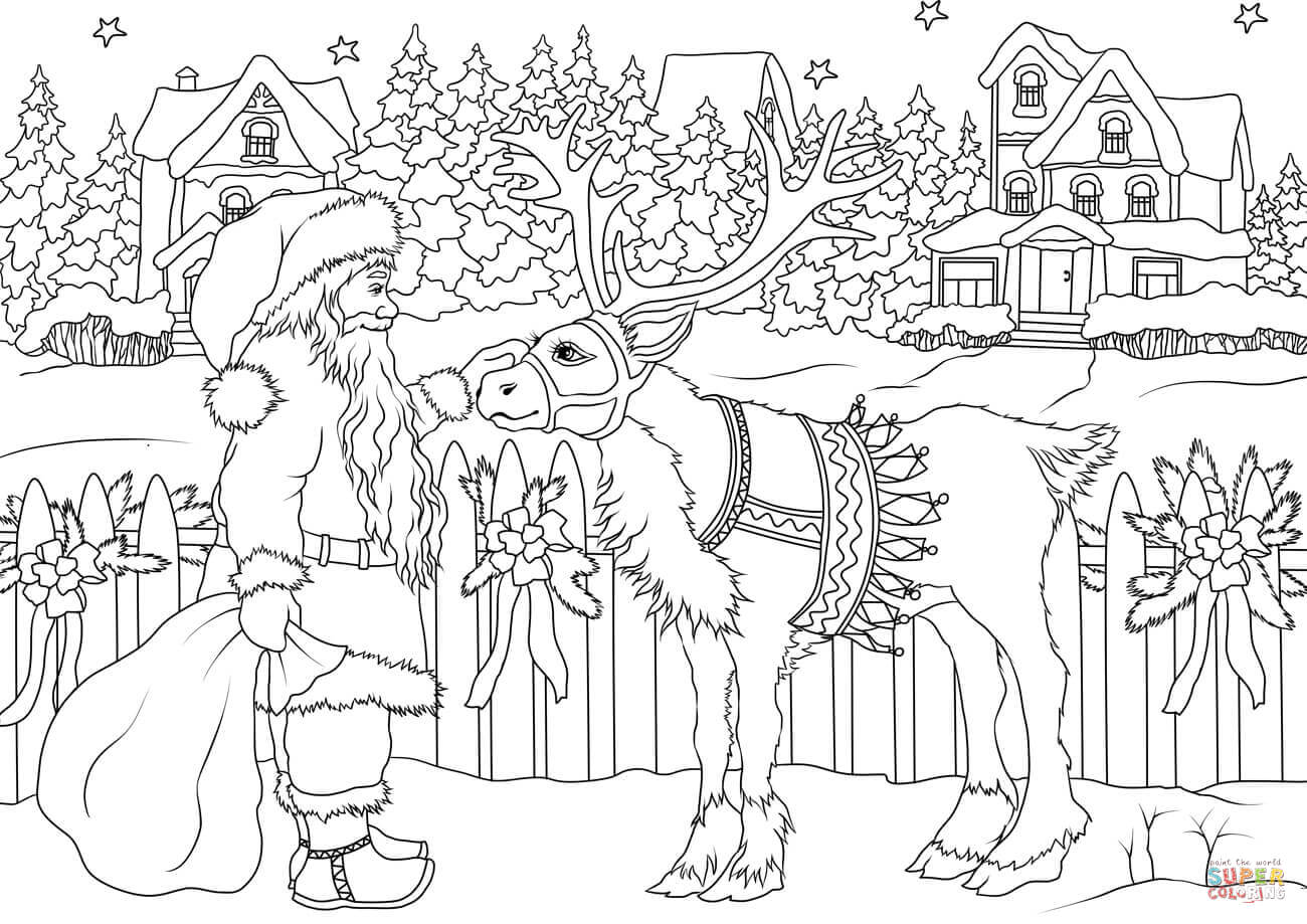 Vintage santa claus with his christmas deer coloring page free printable coloring pages