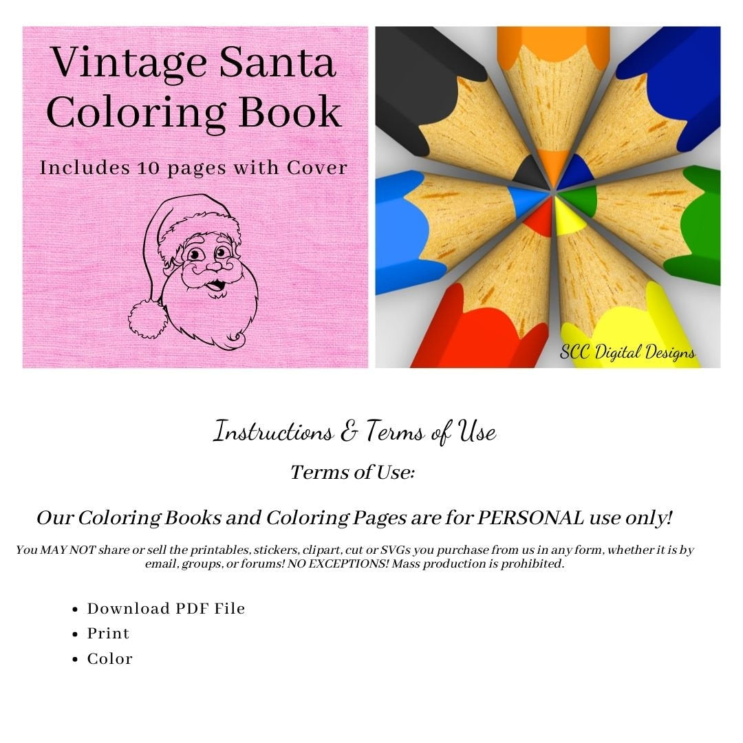 Vintage santas printable coloring book christmas trees xmas scene â scc digital designs