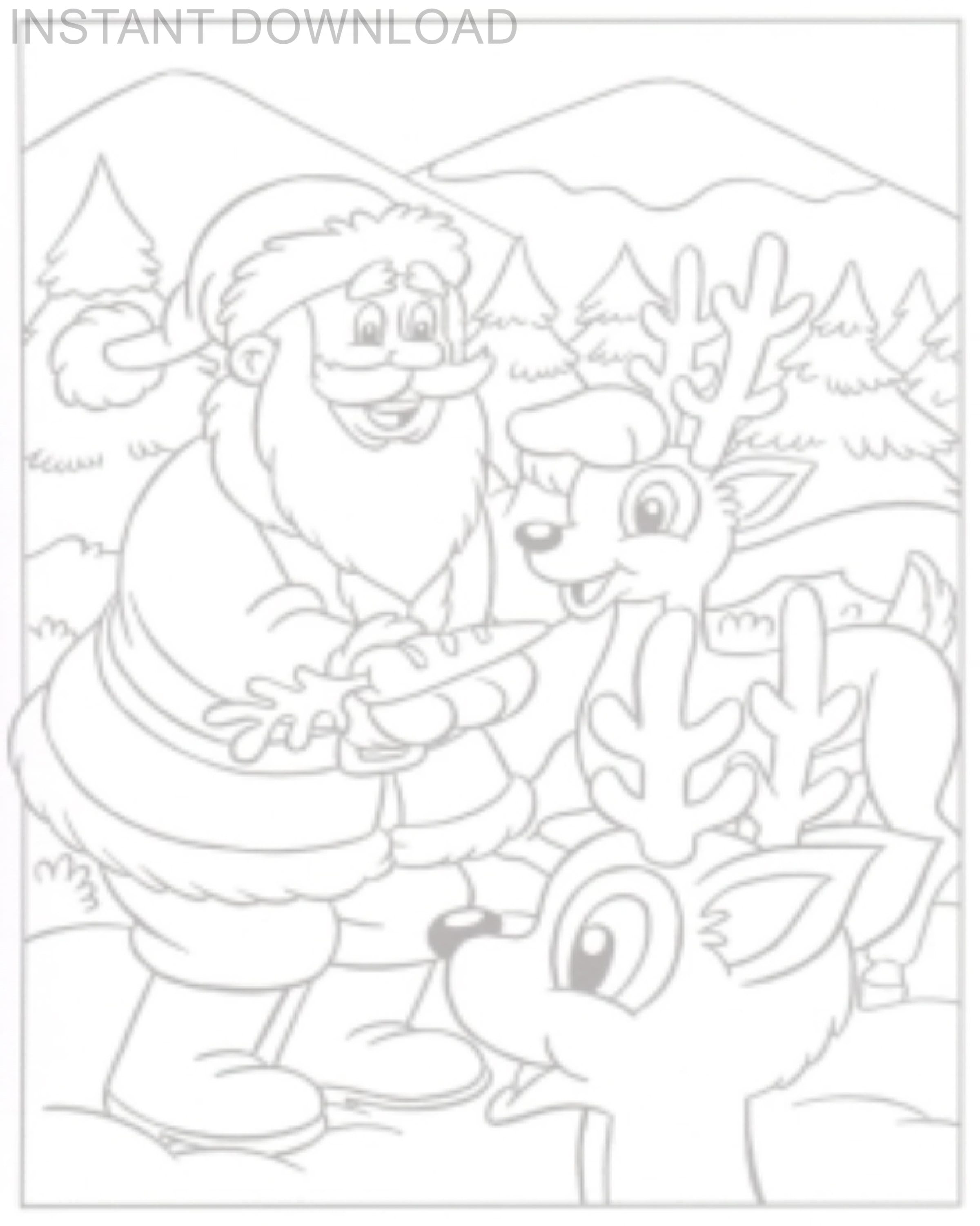 Printable x santa and reindeer coloring pageinstant downloaddigital fileplus bonus