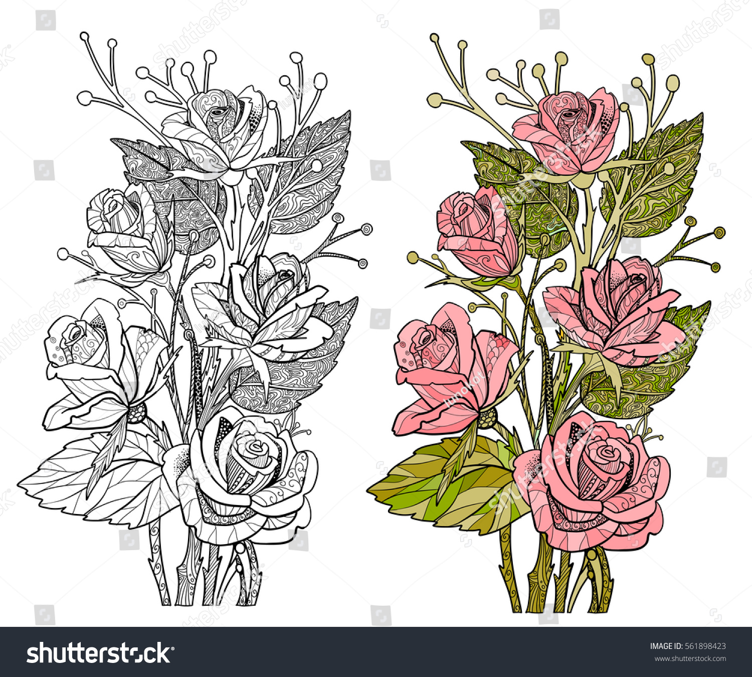 Rose coloring page flower doodle style stock vector royalty free