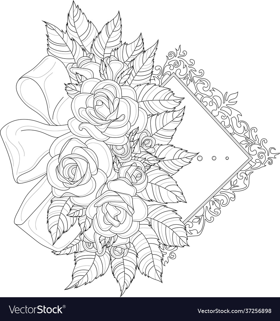 Realistic rose flower bouquet on vintage frame vector image
