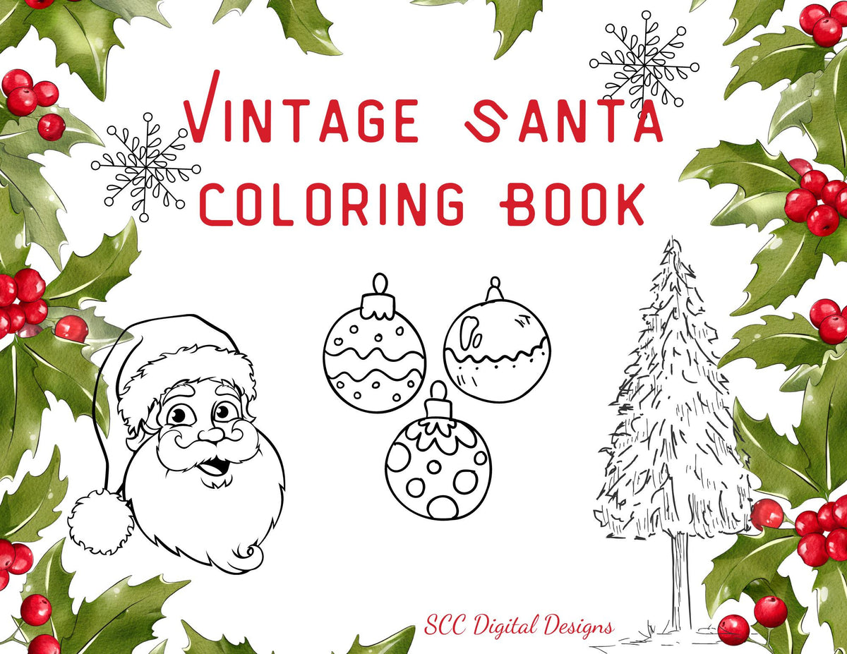 Vintage santas printable coloring book christmas trees xmas scene â scc digital designs