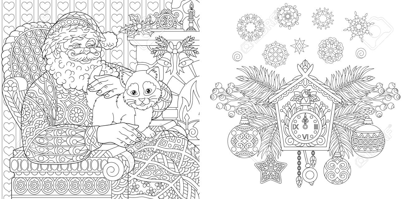 Christmas coloring book christmas colouring pages santa claus with a cat in vintage style new year background xmas ornaments royalty free svg cliparts vectors and stock illustration image