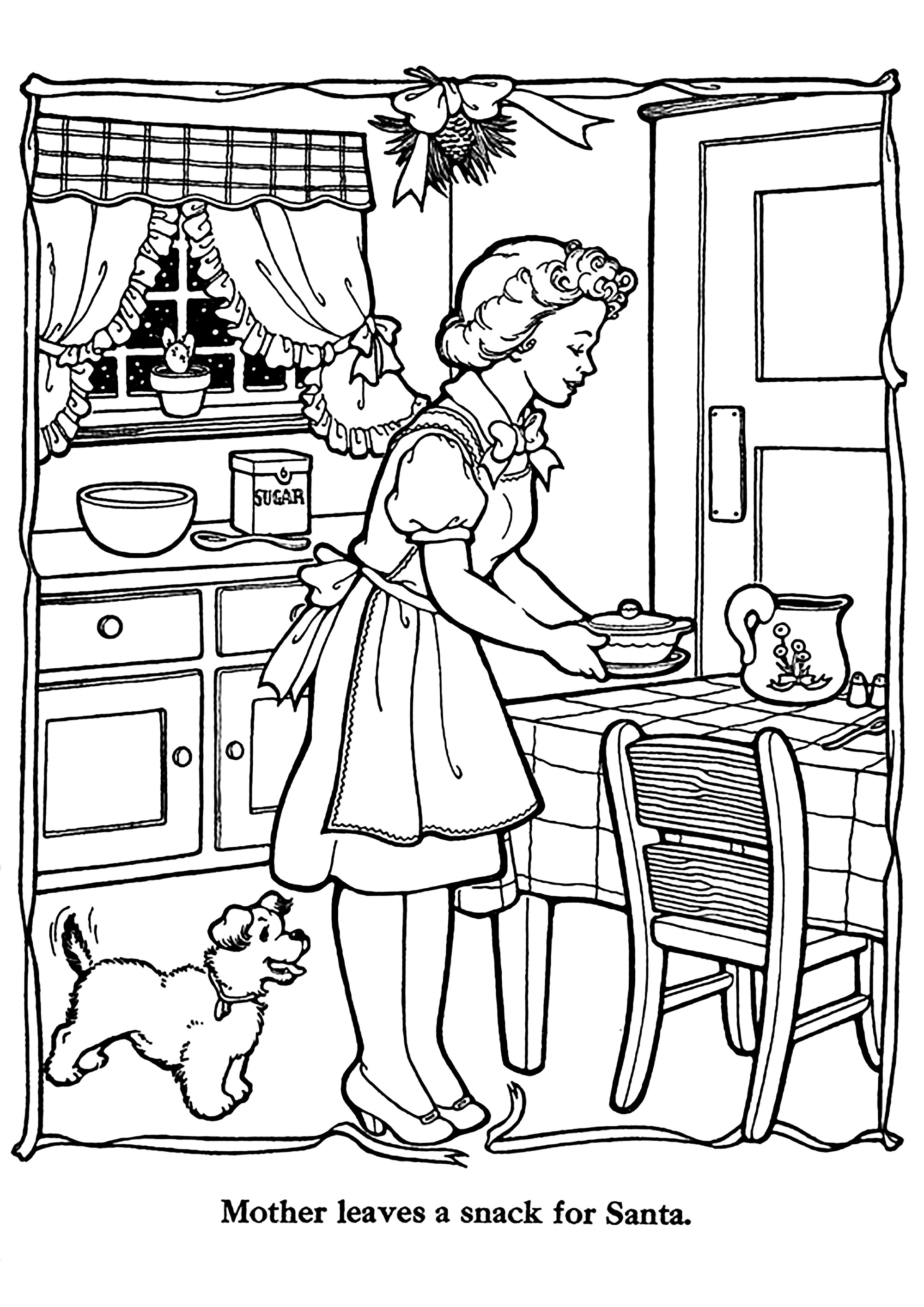 Vintage coloring page showing a mother preparing a small meal for santa claus