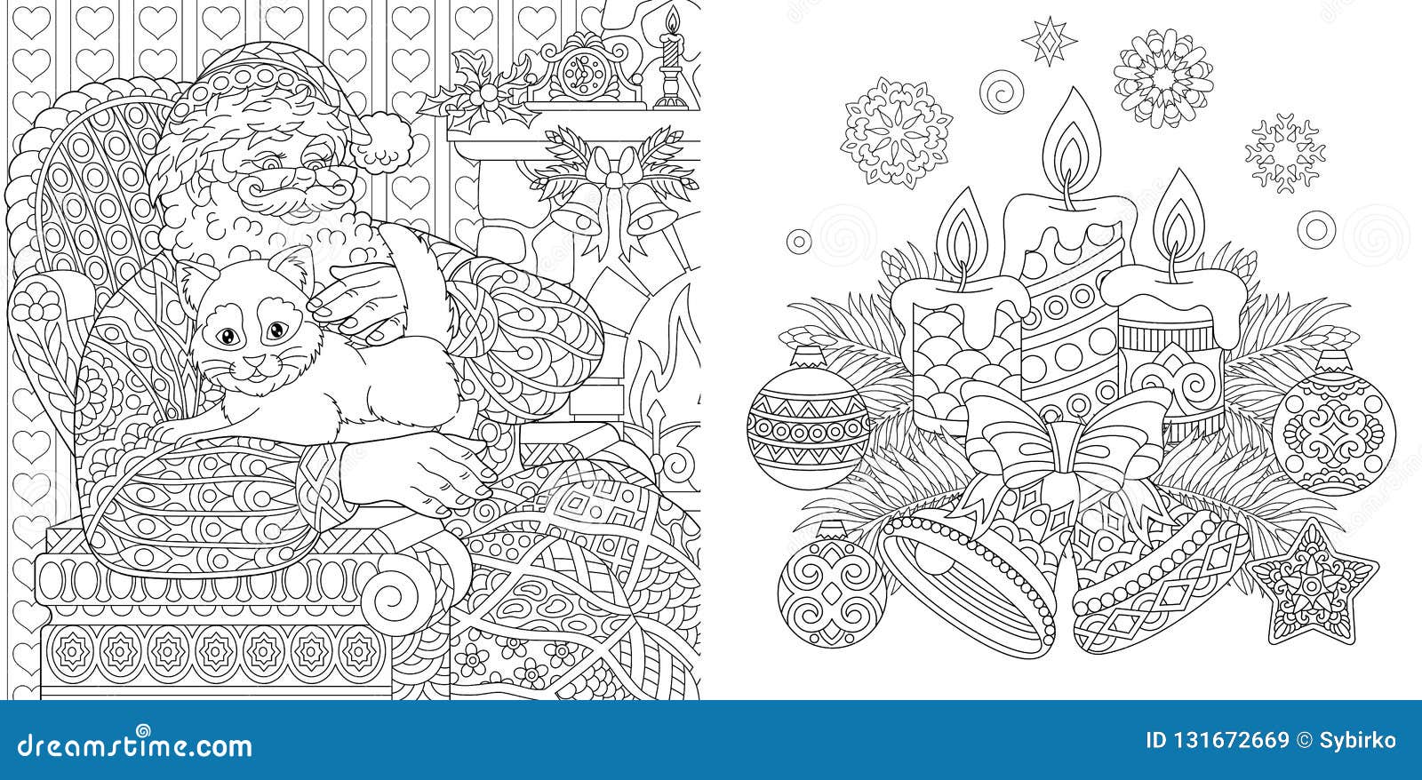 Christmas colouring pages coloring book for adults santa claus with a cat new year background vintage xmas ornaments stock vector