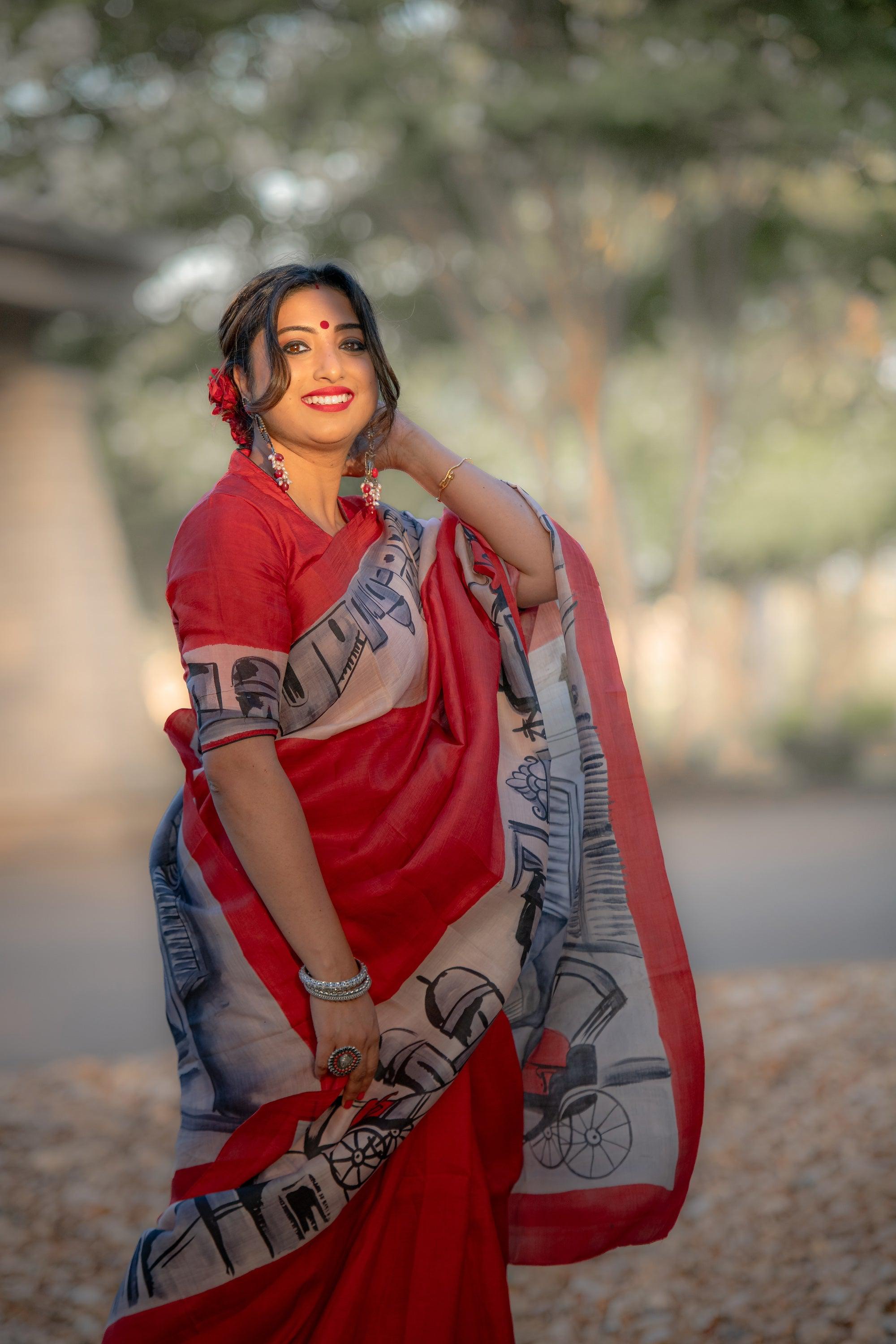 Buy red color bishnupur silk saree with hand painted old kolkata theme at