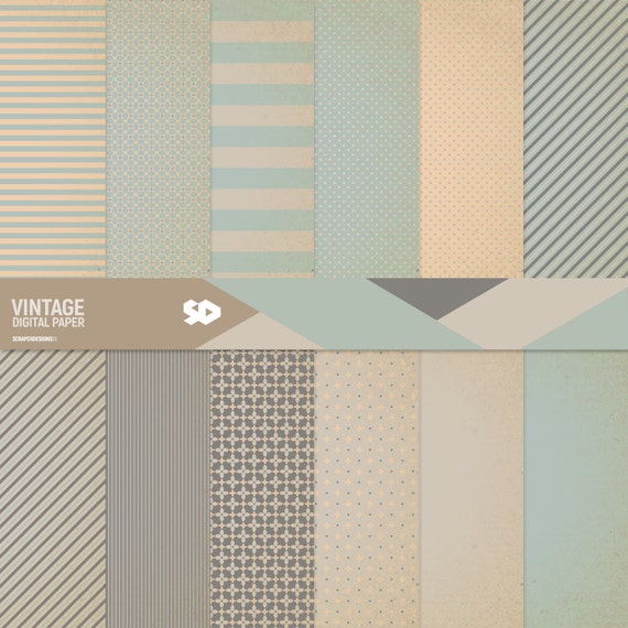 Vintage digital paper pack scrapbook paper printable pages patterns print blue grey cream stripes floral old retro mercial use