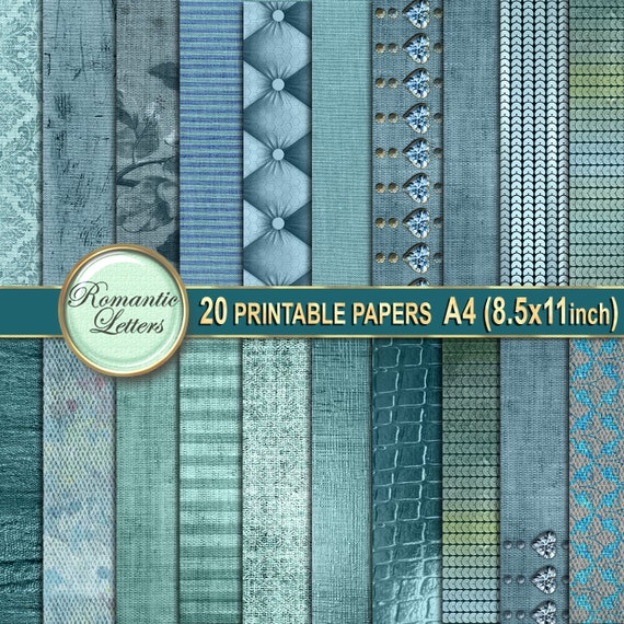 Digital printable scrapbook paper pack journal pages backgrounds vintage digital printable craft paper texture a x teal dusty blue