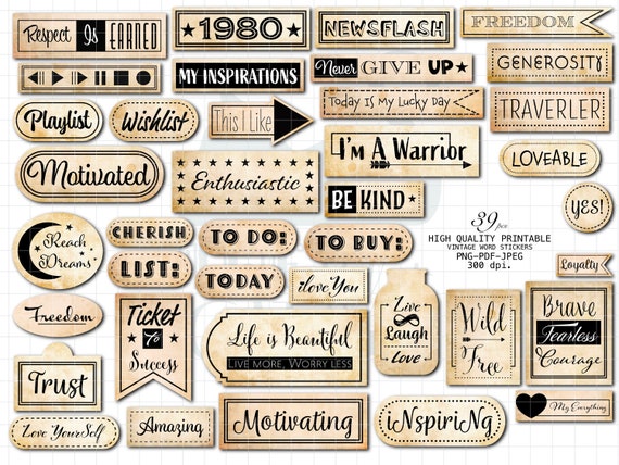 Junk journal vintage words phrases printable word stickers collage sheets embellishments sticker scrapbook digital download