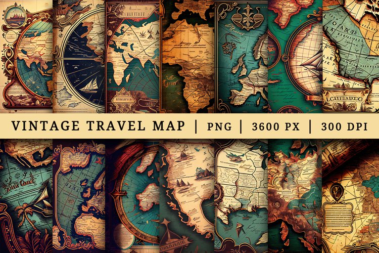 Vintage travel map printable digital scrapbook paper bundle