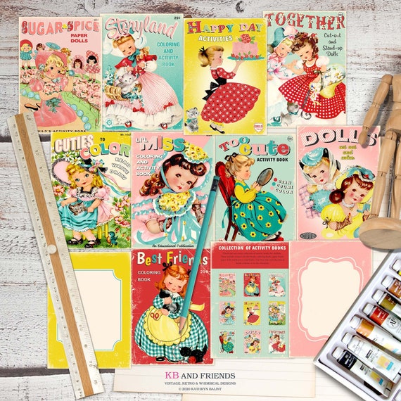 Retro girl printable coloring book covers for junk journals album covers scrapbook embellishments gift tags sizes jpegs pdfs