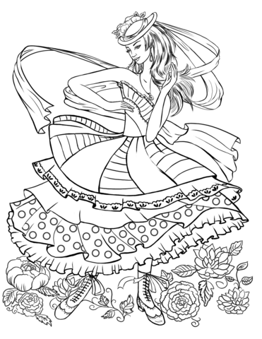 Girl dancing in a vintage fashion clothing coloring page free printable coloring pages