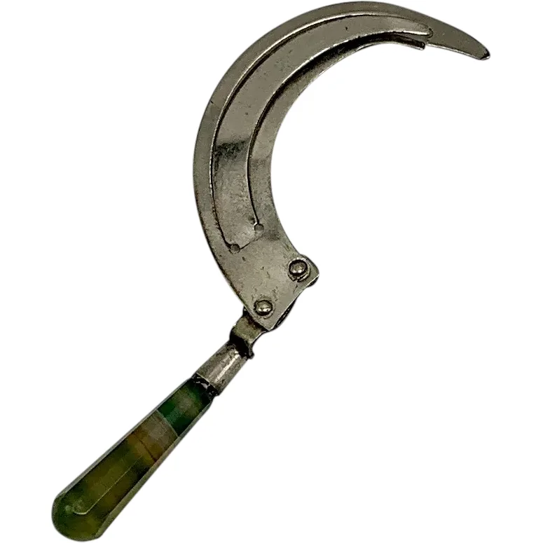 Antique s white metal crescent sickle shaped bookmark with banded