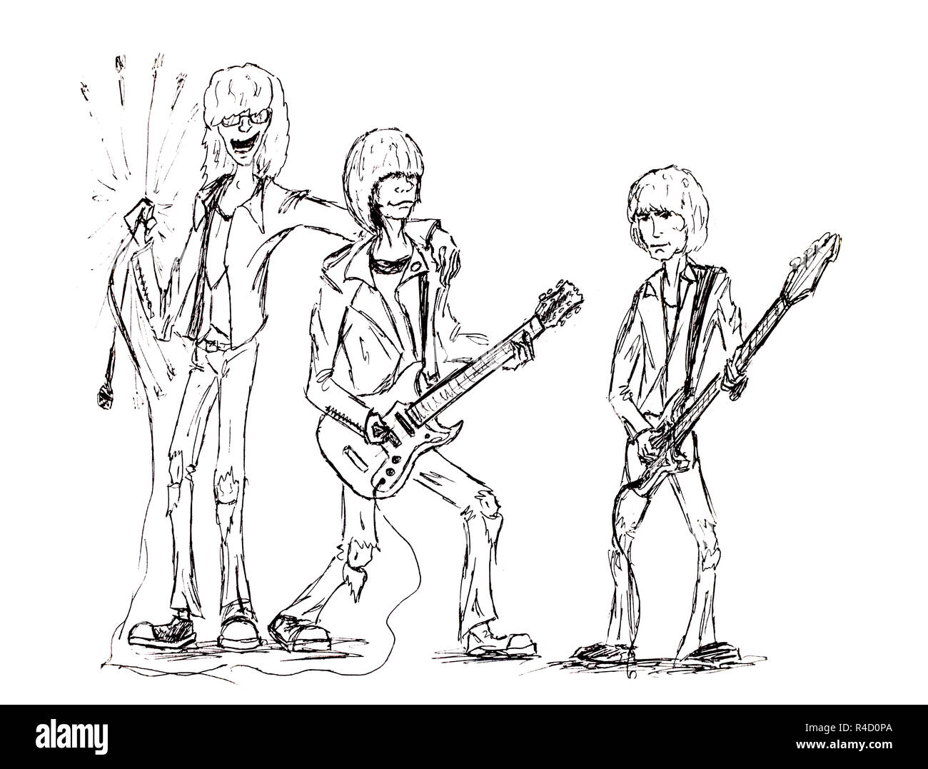 Rock band singer and two guitarists figure gel pen vintage rock punk band stock photo