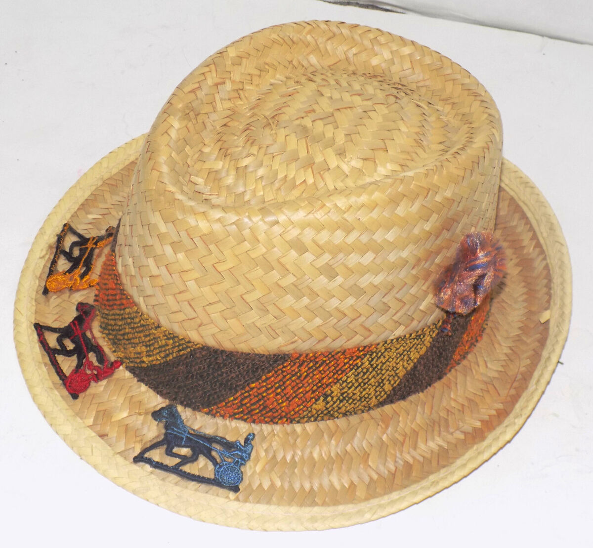 Vintage woven straw mans hat harness racing appliques multi color band