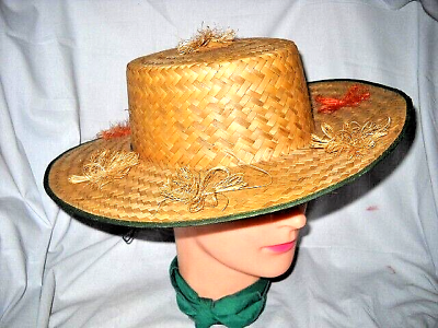 Vintage straw hat with wispy straw salmon color flowers sun shade women ladies