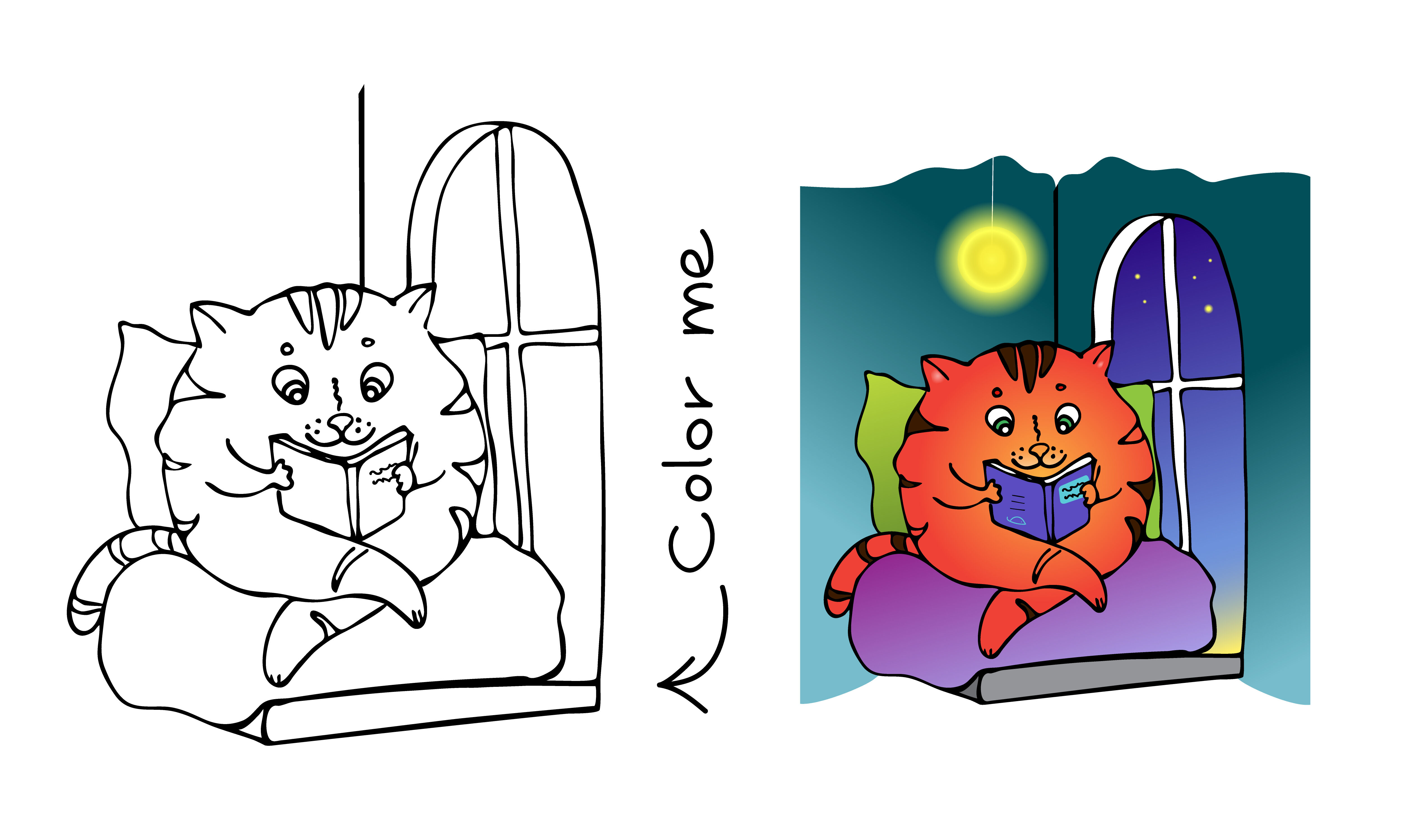 Reading cat coloring page for children of