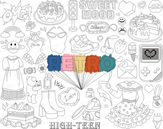 Retro coloring page yk png cake svg cute clip art s back to the s kawaii sticker ice cream bear heart omg vintage dress