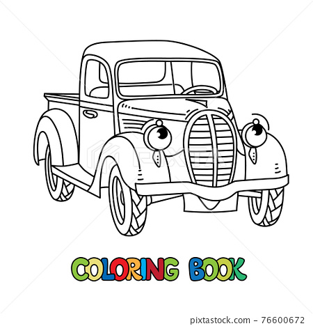 Funny small old truck with eyes coloring book