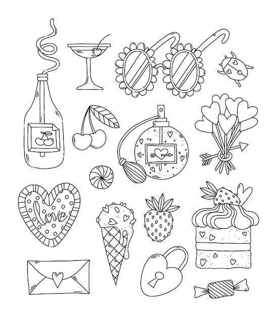 Premium vector valentines day retro pink black outline isolated clipart set for coloring page