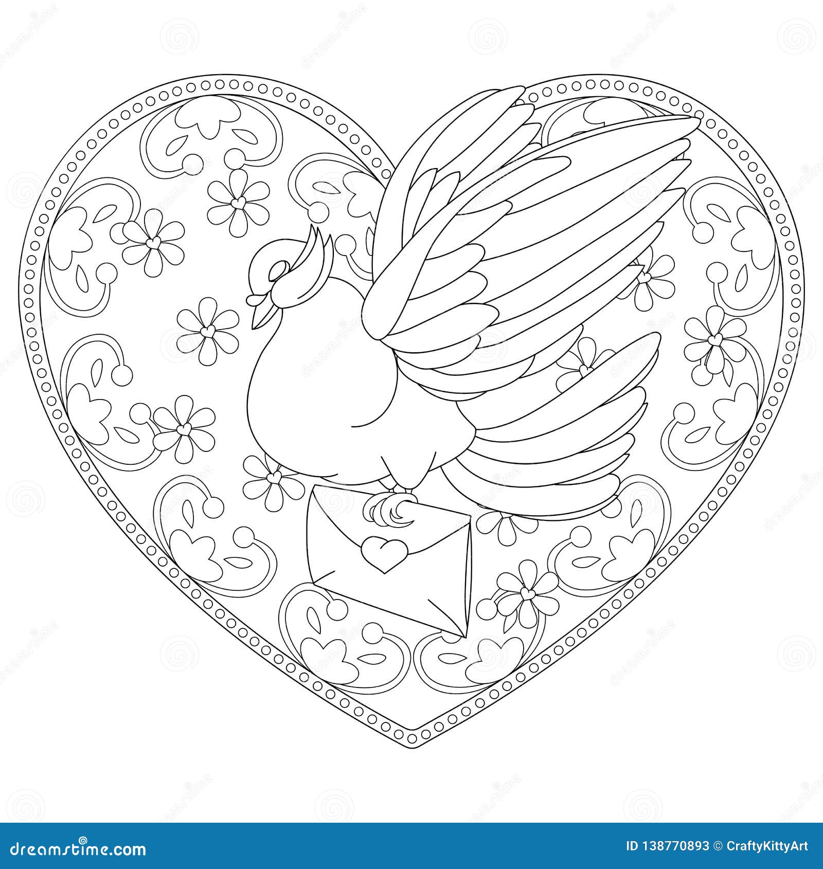 Valentines day coloring page with dove love letter and vintage floral heart stock vector
