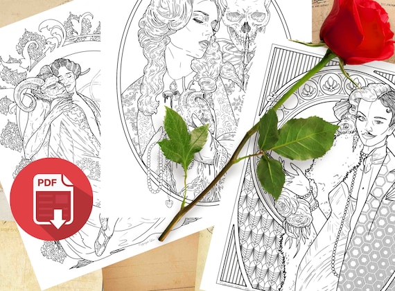 Coloring pages vintage valentine set of