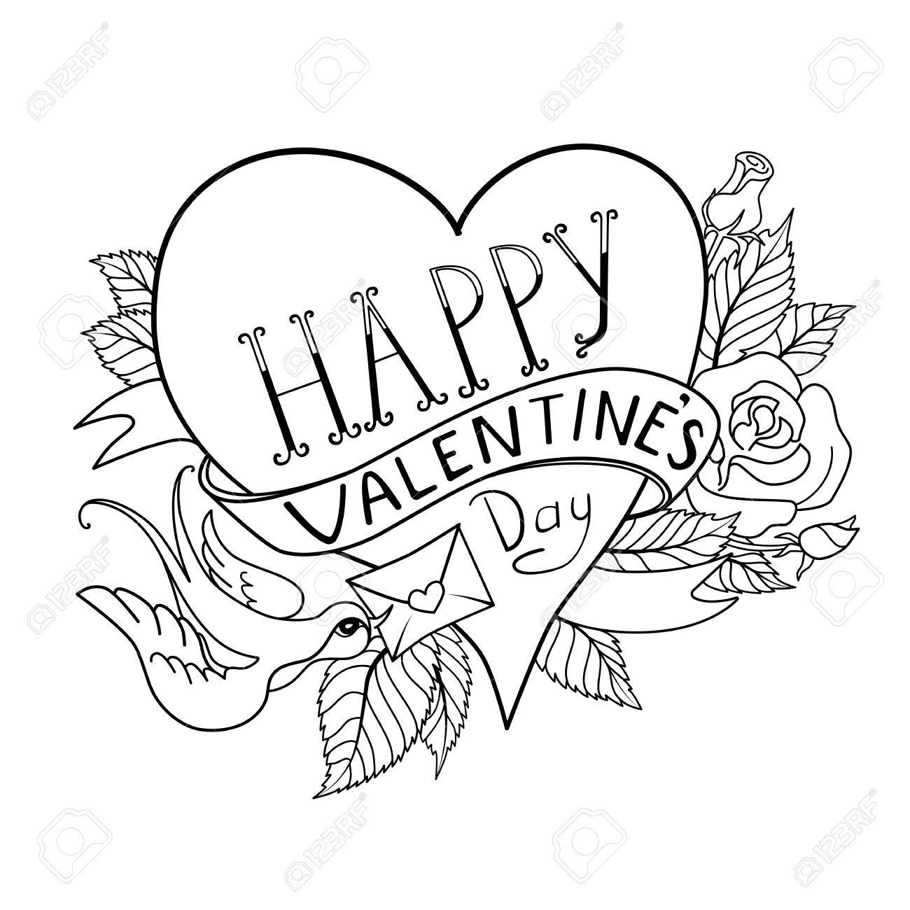 Vector valentines day greeting card with heart made in classic old school tattoo style retro design black contour on white background can be used for coloring book royalty free svg cliparts vectors