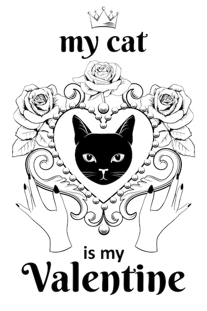 Premium vector valentine card concept black cat face in ornamental vintage heart shaped frame with hands and text